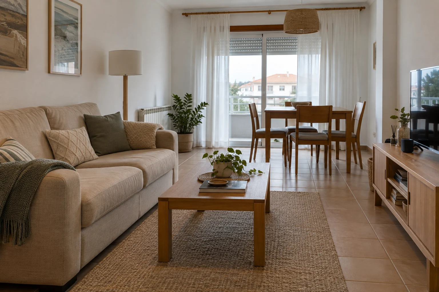 Sala de um apartamento comum, com mobiliário simples e chão de mosaico